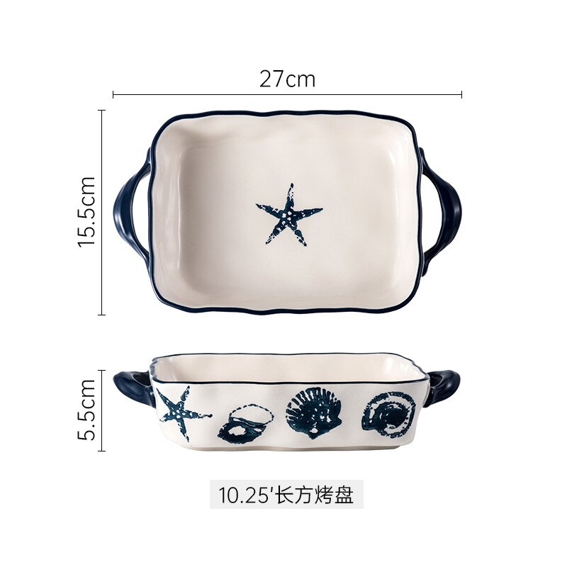 Nordic Ocean Style Ceramic Plates Set Baking Pan Household Dishes Binaural Square Round Cheese Baked Rice Bowl Retro: 10.25 inch plate