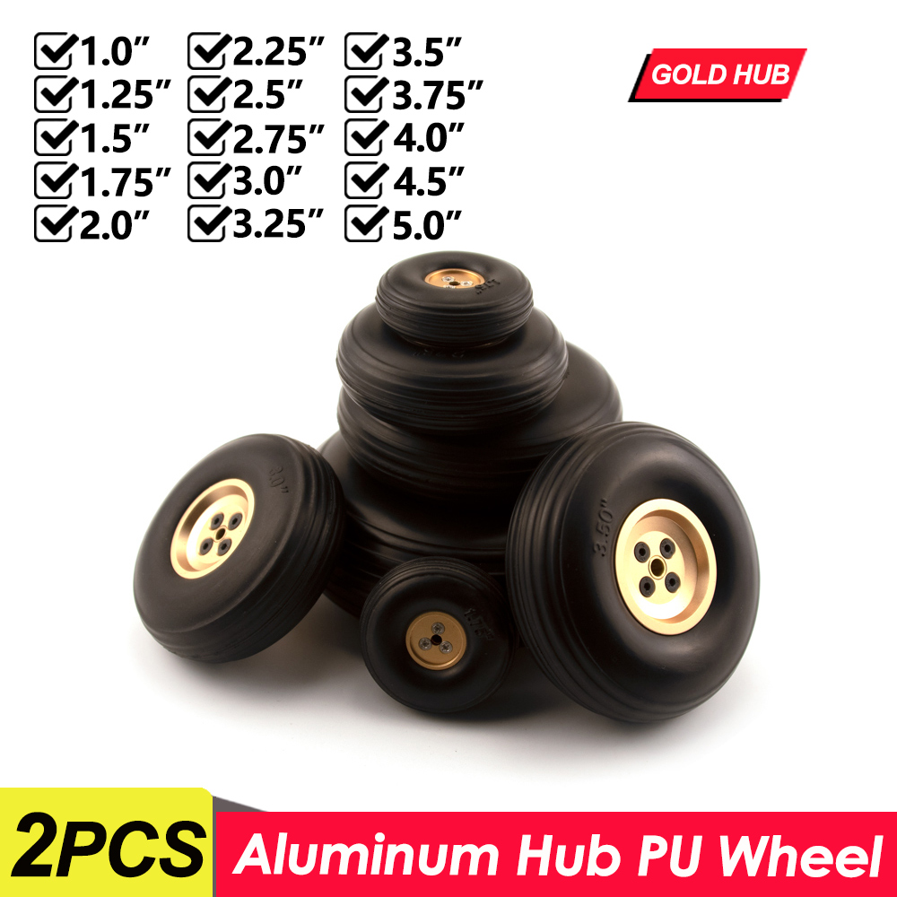 2PCS RC Airplane PU Wheels Tires With Aluminum Alloy Golden Hub 1inch to 5inch for Aircraft Model