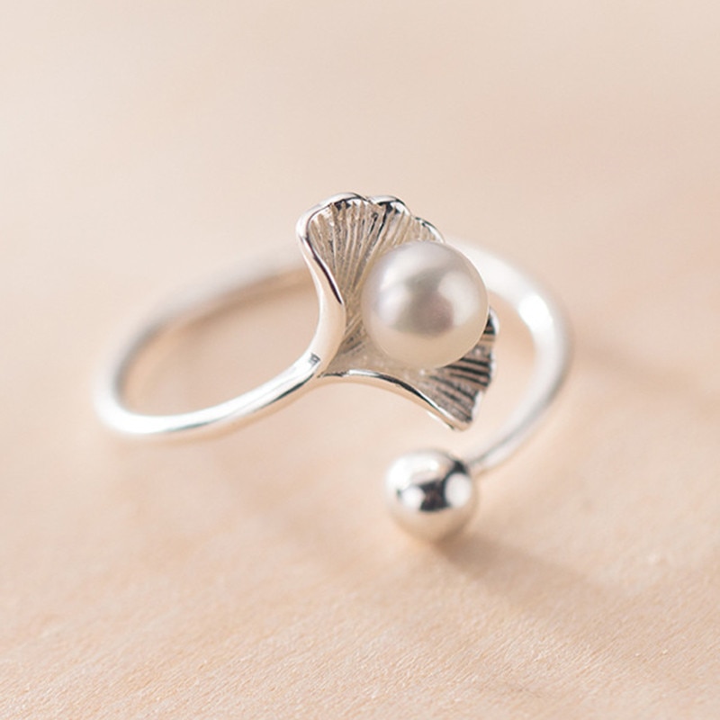 Real 925 Sterling Silver Pearl Plant Ring For Women Fine Jewelry Cute Minimalist Accessories