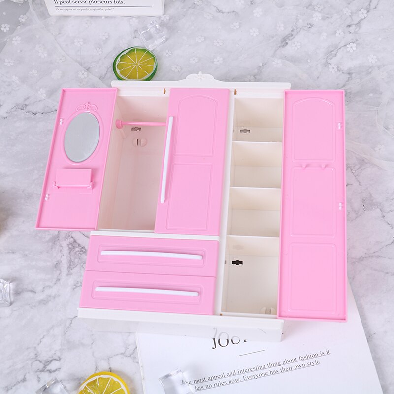 Three-door Pink Modern Wardrobe for Dolls Furniture Clothes Accessories Toys