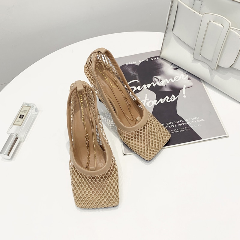 Monmoira vintage square toe stretch pumps kvinder guld kæde høje hæle sko kvinder air mesh dame sko swb 0224
