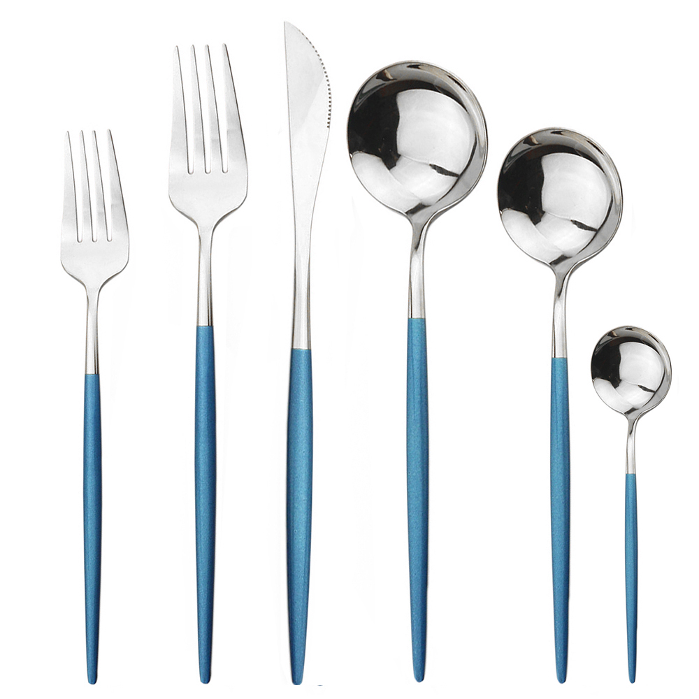 6Pcs Red Flatware Set Knife Fork Spoon Cutlery Set 304 Stainless Steel Dinnerware Set Mirror Green Gold Tableware Set Silverware: Blue Silver