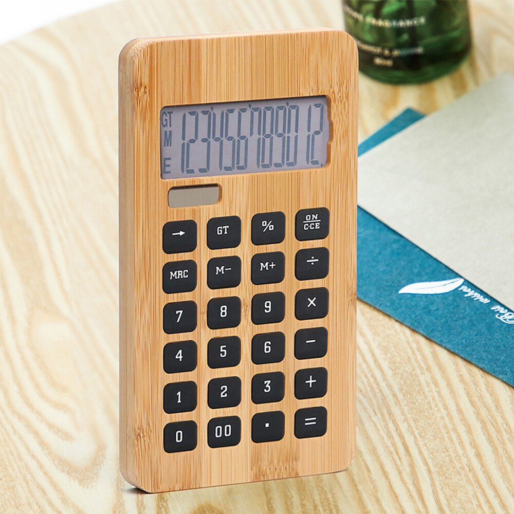 Desktop Bamboo Calculator Counter 12 Digits Display Solar Energy & Button Battery Dual Powered Eco-friendly Calculating Tool