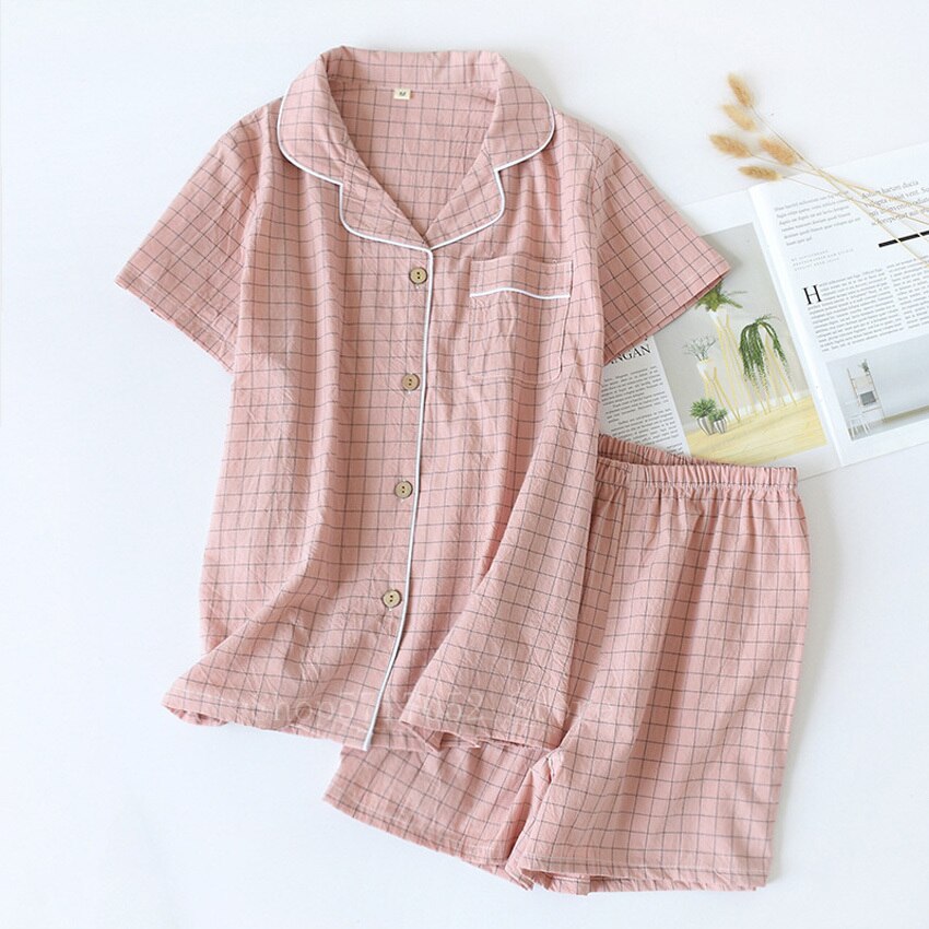 2022 Summer Womens Pajamas Japanese and Korea Style Plaid Sleepwear Short-Sleeve Cotton Printed Pajamas for Female Sleepwear Set
