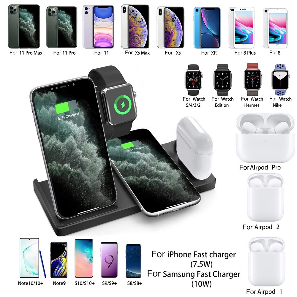 FDGAO 15W 4 in 1 Qi Wireless Charger Stand Fast Charging Dock Pad For iPhone 11 XS XR X 8 Plus Apple Watch 6 5 4 3 2 AirPods Pro