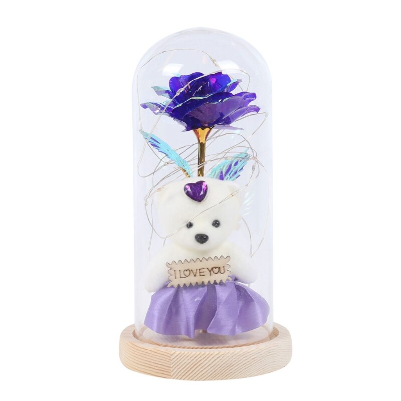 Gold Foil Rose Flower Bear in Glass Dome with LED Night Light Mothers Day Valentine's Day Wedding Party Decoration