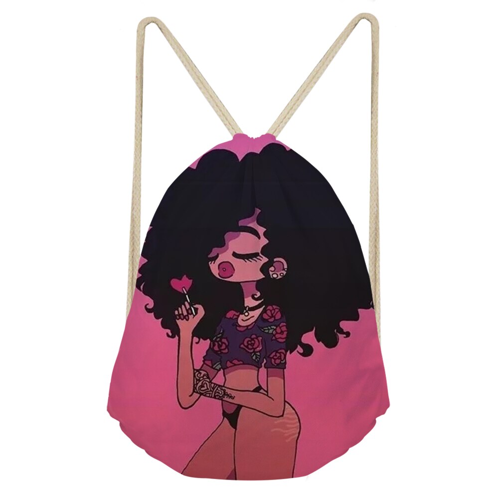 Sac à dos de voyage pliable pour femme africaine noire avec cordon de serrage, motif dessin animé rose, style afro, idéal pour ranger des objets de valeur: Cdzhl 890 z 3