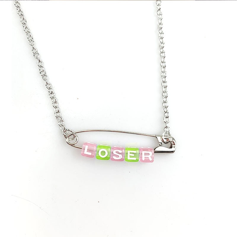 Funny Loser Letter Pins Cube Transparent Pendant Necklace For Women Girl Friends Cool Unique Punk Geometric Choker Necklace