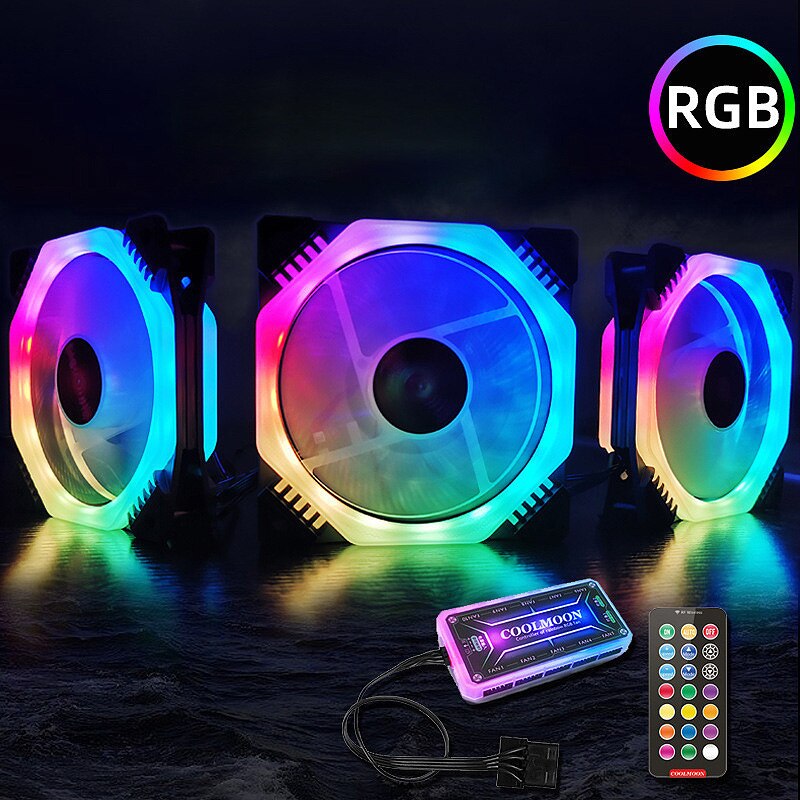 COOLMOON RGB Computer Case Fan, 12cm Silent Polygon + Music Controller Computer Cooling Fan CPU Cooling Fan (3PCS)