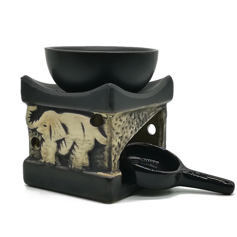 Lámpara de aceite esencial Color negro elefante estilo tailandés horno de cerámica sándalo belleza salón de hotel Aroma quemador hogar Decoración: burner candle holder