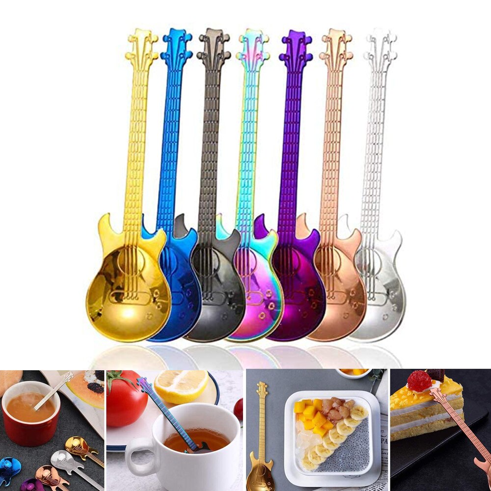 1pcs Guitar Spoons Coffee Teaspoon Stainless Steel Colorful Dessert Spoon Rainbow Tableware Flower Tea Spoons