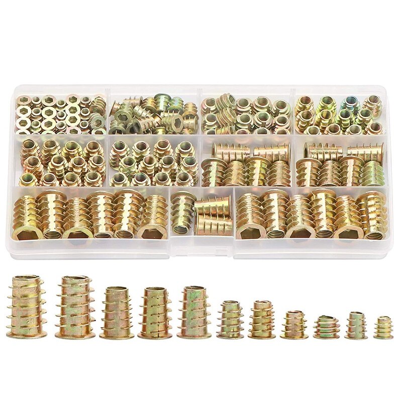138PCS Metric Thread Insert Nut M4/M5/M6/M8/M10 Kit for Wood Furniture Zinc Screw in Nut Hex Socket Drive Bolt Fastener