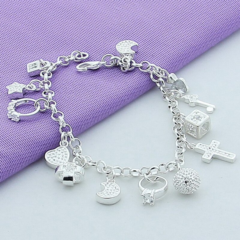 Bijoux en argent 925, Bracelet étoile lune CZ, chaîne croisée de 20cm, à la , pour femmes