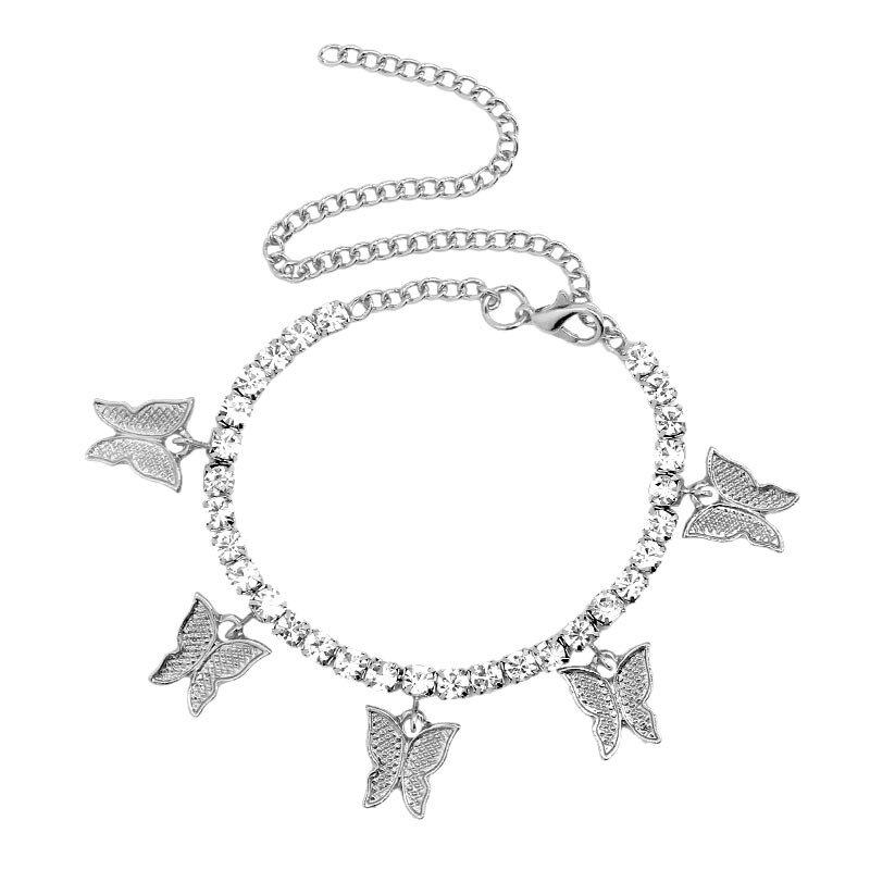 Flatfoosie Goud Zilver Kleur Tennis Enkelband Armband Voor Vrouwen Bling Crystal Butterfly Hanger Enkelbandje Zomer Mode Voet Sieraden: 001902SL