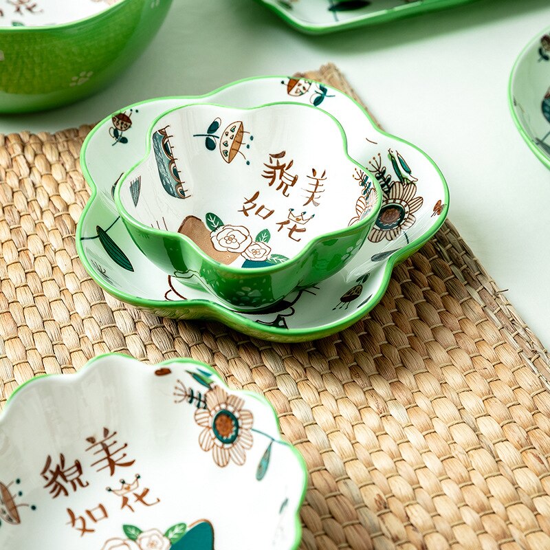 Hand Painted Cartoon Dinner Plate Family Lovely Children's Bowl Single Rice Bowl Vegetable Plate Japanese Bowl Dish Tableware