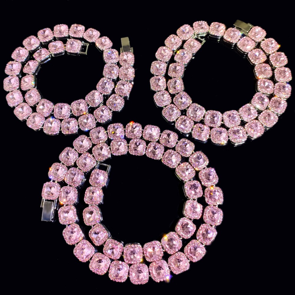 Women Bling Bling Pink Square Crystal Link Chain Necklace Hip Hop Gold Silver Color 13mm Luxury Cuban Choker Necklace Jewelry