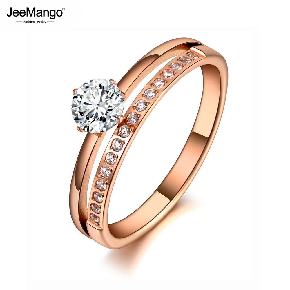 JeeMango Sparkling Titanium Stainless Steel Wedding Ring Jewelry Rose Gold Mosaic CZ Crystal Party Ring For Women JR19155