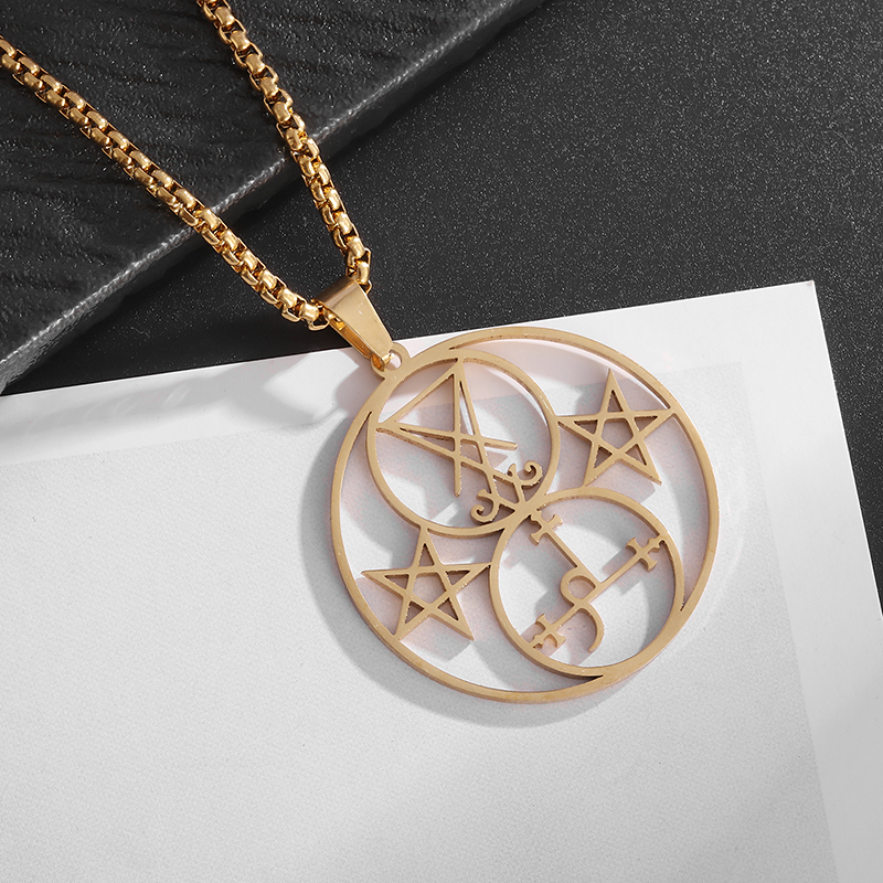 Collar con colgante de pentagrama de brujería misteriosa de acero inoxidable, amuleto de pentagrama con sello de salmón, joyería: Oro oscuro