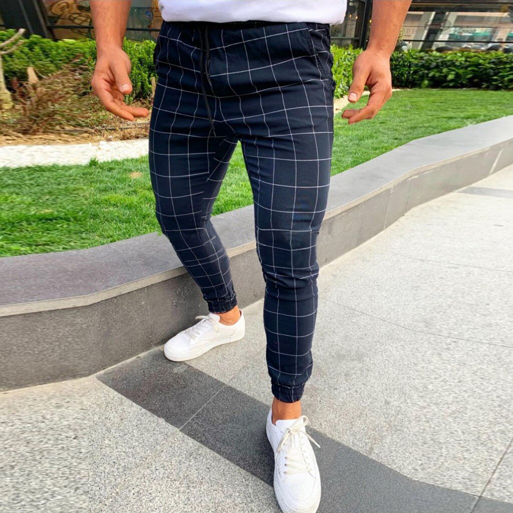 Pantalon homme pantalon à carreaux hommes Streetwear pantalon Hip Hop pantalon chino Slim coupe ajustée pantalons décontractés Joggers: M / Bleu foncé