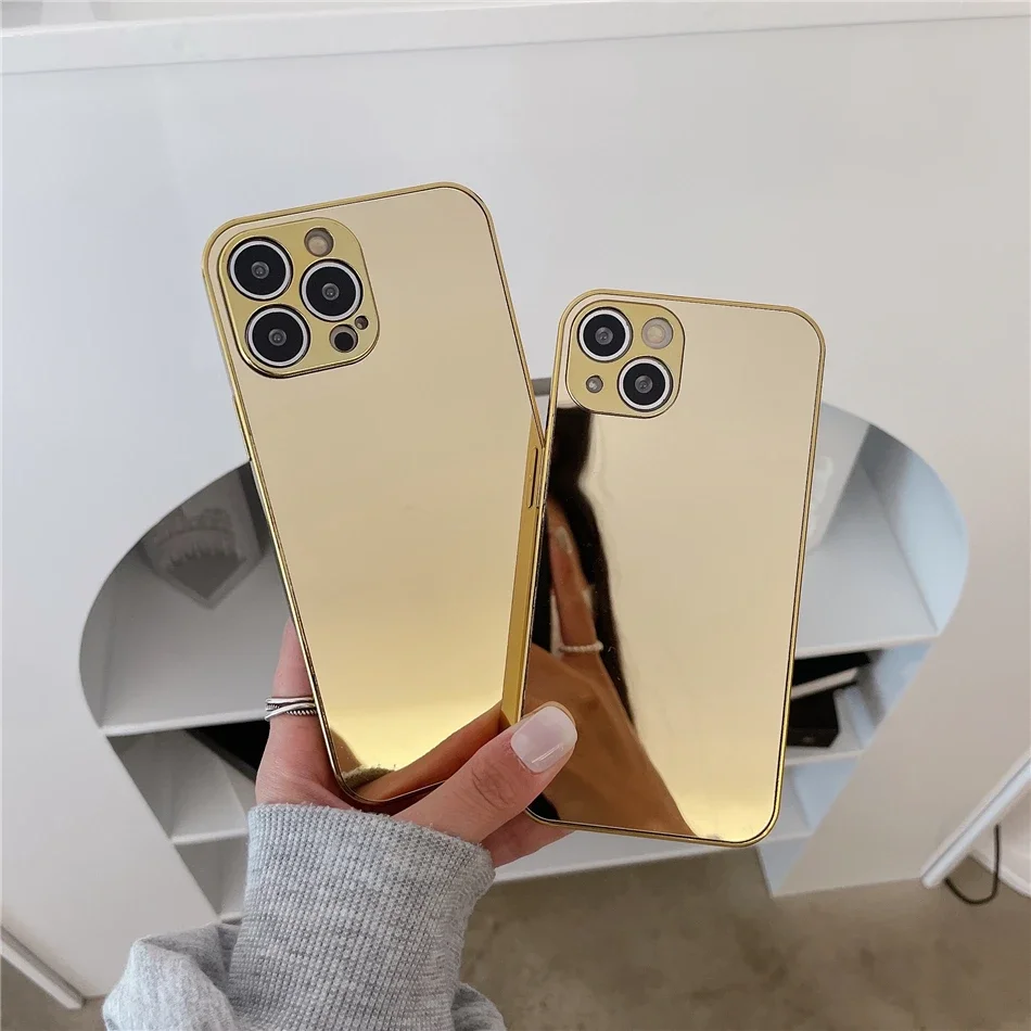 Funda de teléfono lisa con espejo dorado y plateado chapado brillante de lujo para iPhone 16 15 14 13 12 11 Pro Max 15 14 16 Plus