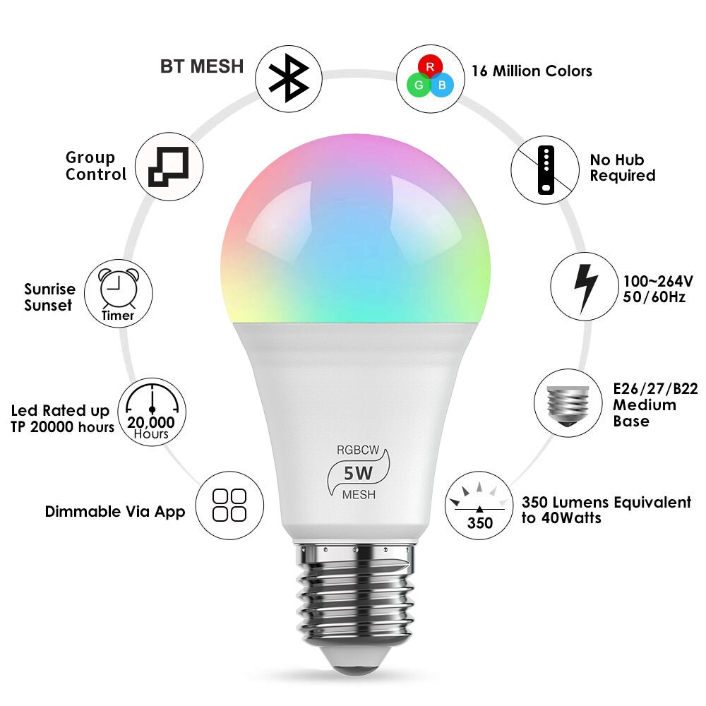 Smart Bulb E27 B22 Dimmable Bluetooth 4.0 Magic Bulb Color Changing Lamp Alexa Google Assistant IOS/Android RGB LED Bulb D30