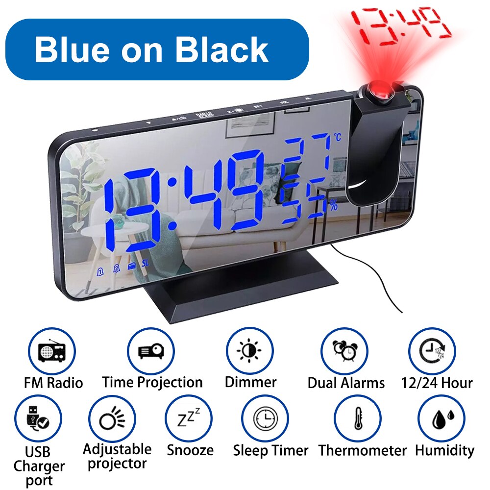 Reloj Despertador Digital con Proyección LED, Dispositivo Electrónico para Mesilla de Noche del Dormitorio con Radio FM y Proyector de Tiempo: Blue on Black A