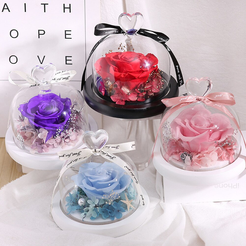 La belle et la bête Rose éternelle en flacon dôme en verre pour saint valentin décoration fête de mariage fête des mères