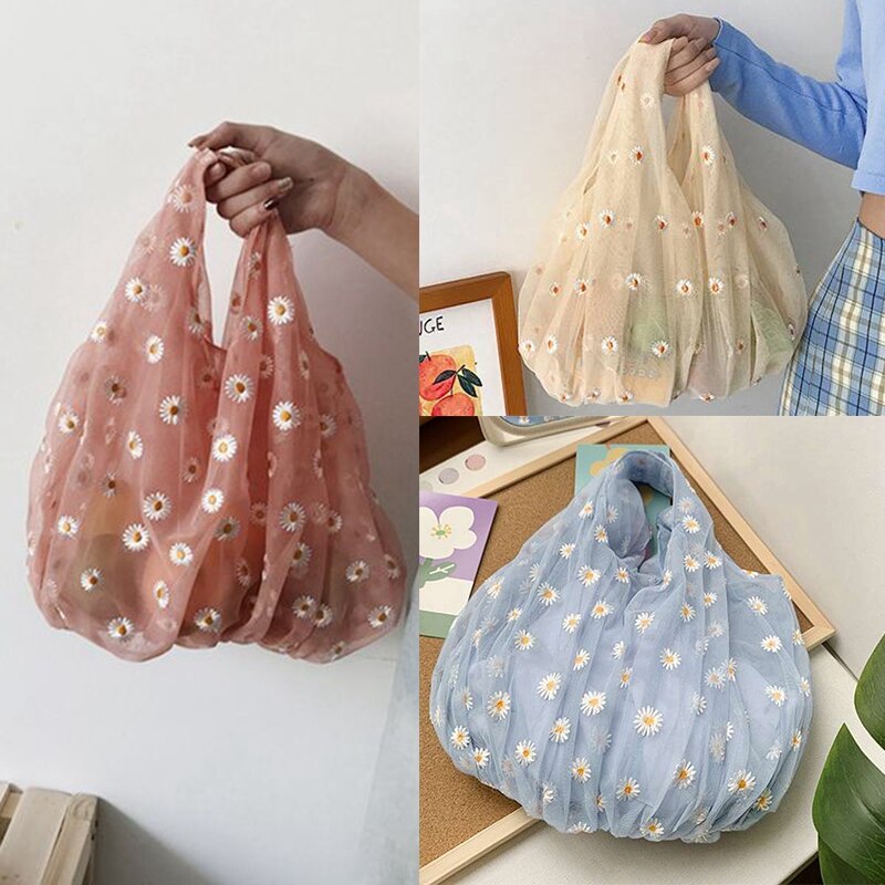 Women Small Transparent Tote Mesh Cloth Bag Daisy Embroidery Handbag Eco Fruit Bag Purse for Girls