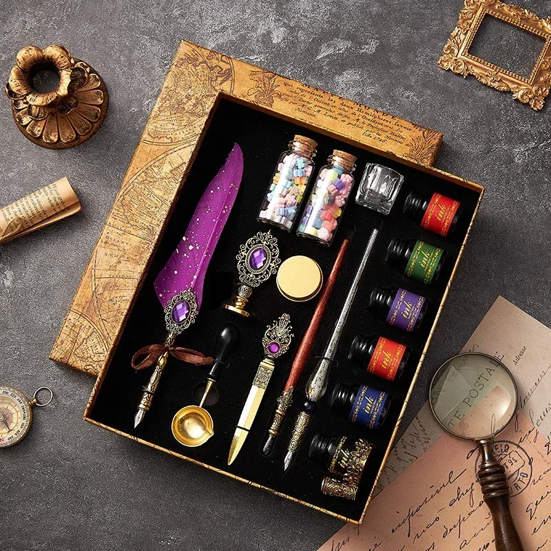 European Style Quill Pens Set with Ink Retro Dipping Quill Pen Lacquer Seal Student Dip Pencil Feather Pen: PURPLE