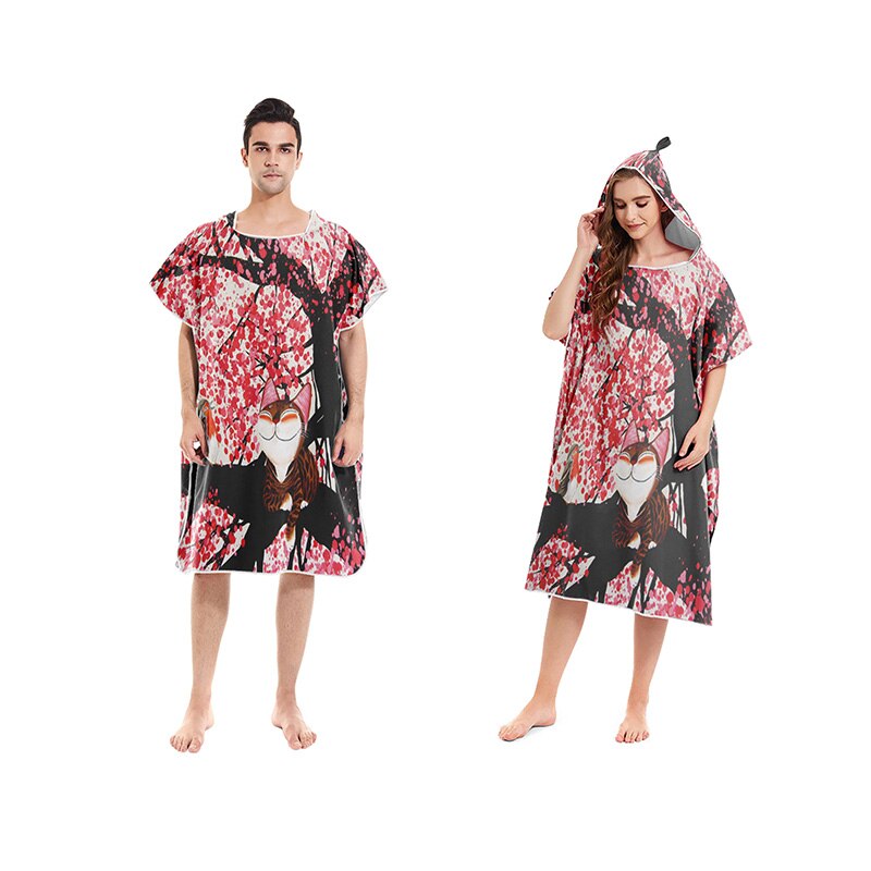 Vestido de toalla de playa con estampado de gato y dibujos animados, bata con capucha, Poncho, Toalla de baño para adultos, Surf en la playa, ropa de playa