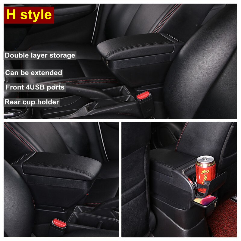 Car Armrest box For Hyundai I10 Rotatable Center Centre Console Storage Box with USB interface decoration accessories: H All Black 4 USB