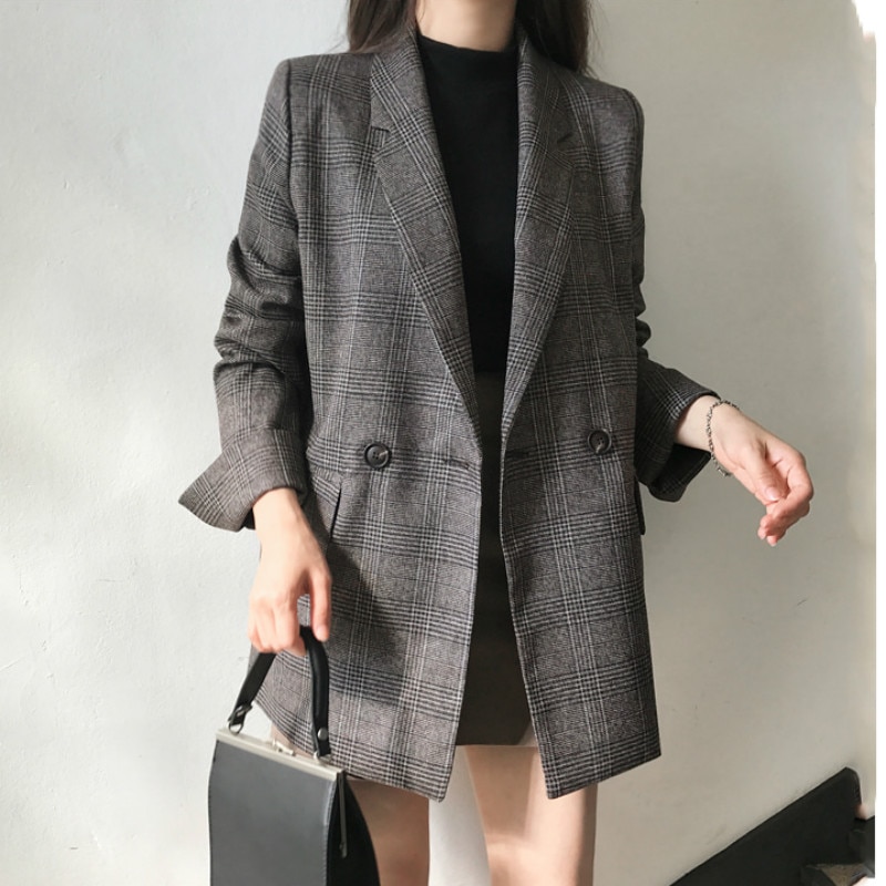 Kvinnor höst kavaj kostym jacka rutig kappa dubbelknäppt kavaj mujer grå chaqueta mujer casual väste femme manteau