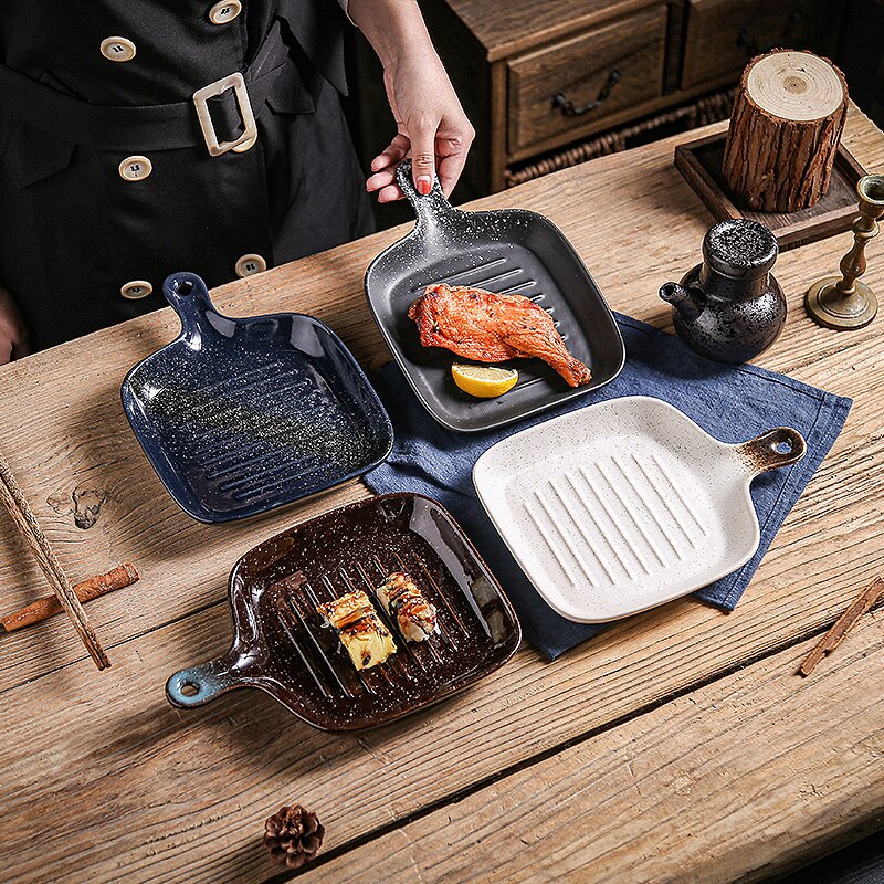 FANCITY-Plato cuadrado Vintage con mango, bandeja de cerámica para hornear, plato para horno, plato para arroz horneado