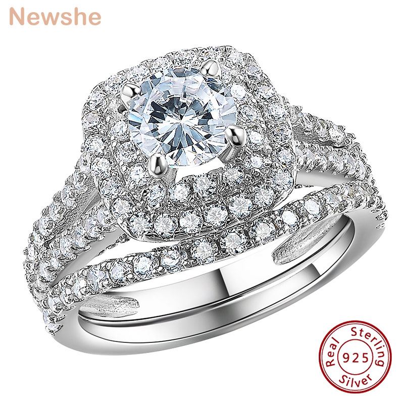 Newshe-anillos de boda de plata 925 para mujer, joyería nupcial, Halo de corte redondo, circonita cúbica, de estilo victoriano anillo de compromiso, 2 piezas