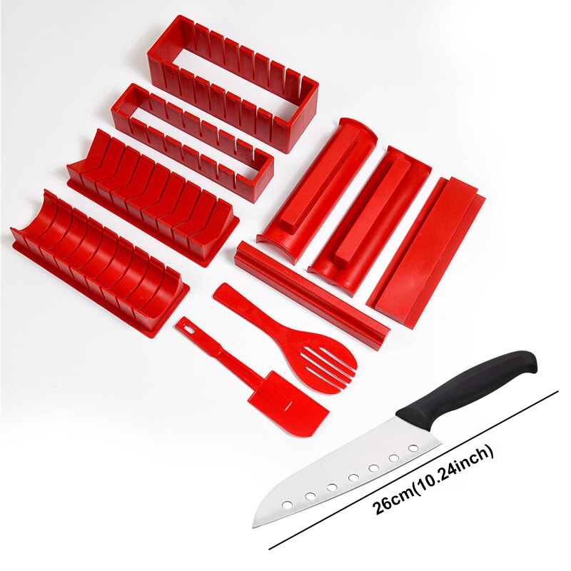 Ustensile de cuisine pour Sushi rapide, rouleau de riz, moule, outils pour rouler la viande végétale, Kit de fabrication de Bento Onigiri Nori, ensemble de cuisson: 11-piece  red