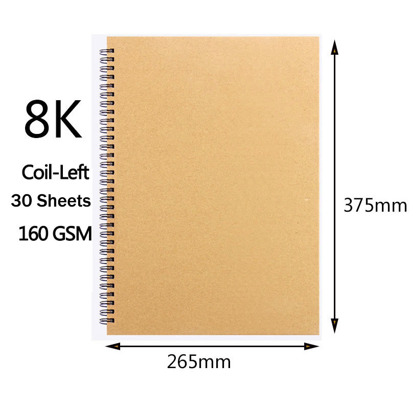 A3/A4/8K/A5/16K Khaki Sketchbook Spiral Notebook Inner Blank 160GSM Kraft Paper Cover School Supplies Pencil drawing notepad: H164-8k-left
