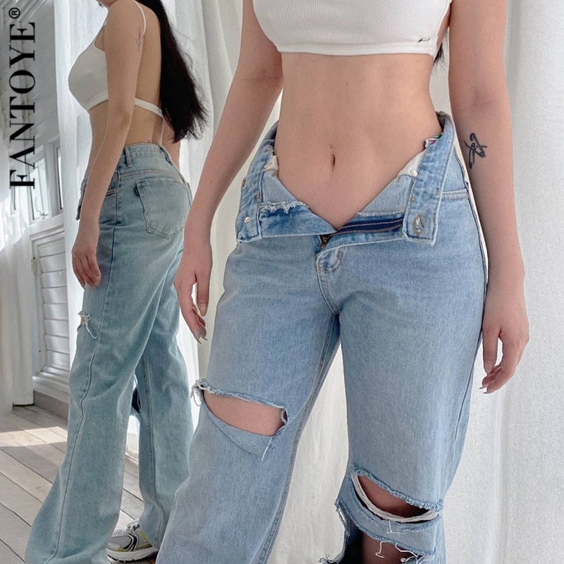 Pantalones vaqueros rasgados de cintura alta para mujer, ropa de