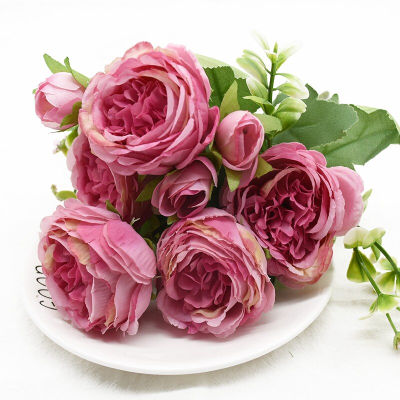 1 stk 5 gafler 9 blomster bryllup hjemmedekorasjon tilbehør kunstig peon bukett gjør det selv blomsterarrangement jul: 6