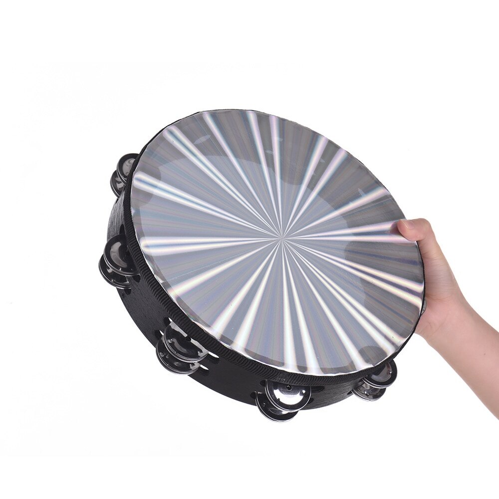 8 Inch Wooden Radiant Tambourine Handbell Hand Drum with Double Row Jingles Reflective Drum Head Percussion Instrument