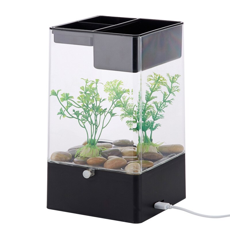 Doven mini akryl akvarium skrivebord gennemsigtigt akvarium selvrensende økologisk fisketank: Sort