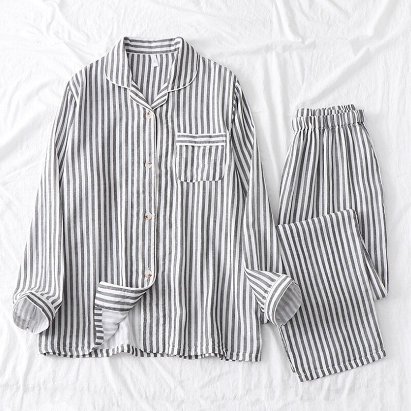 Conjunto de pijama de gasa de crepé doble para hombre y mujer, ropa de dormir con Camisa larga de algodón camisón de manga larga, novedad