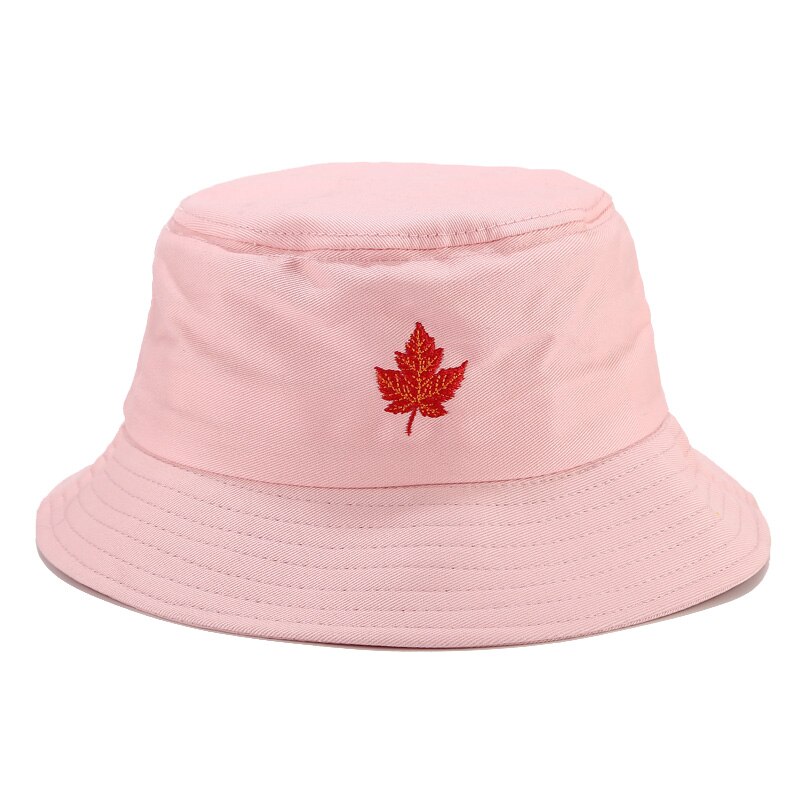 Leaf Embroidery Bucket Hat Protection Sun Hat Maple Foldable Cap Panama Packable Cotton Fisherman Hat For Men and Women: Pink