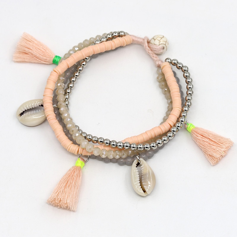 multi-couche perles brin coquille Bracelet été plage bijoux cristal argile pierre mixte gland Bracelets femmes