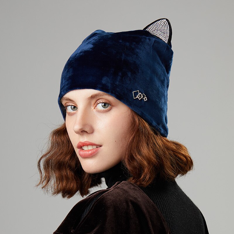 Wintermutsen dames muts effen kleur zacht voor de herfst fluwelen flanellen muts casual schattige strik voor meisjes skullies pet: Marineblauw 3