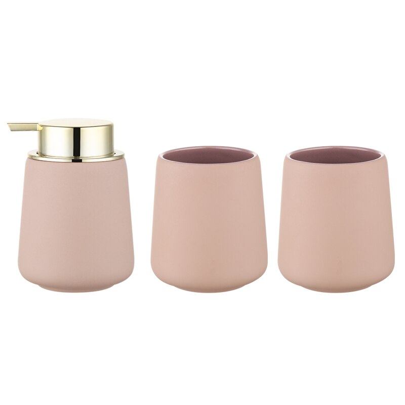 Simple Ceramic Hand Sanitizer Shampoo Bottle 350ml Portable Soap Dispenser 400ml Mouth Cup Golden Squeeze Cover Bath Supplies: Pink-Golden 3pcs-set