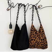 Autumn Winter Corduroy Shoulder Bags Retro Leopard Pattern Handbag Thick Chain Bags Female Daily Warm Soft