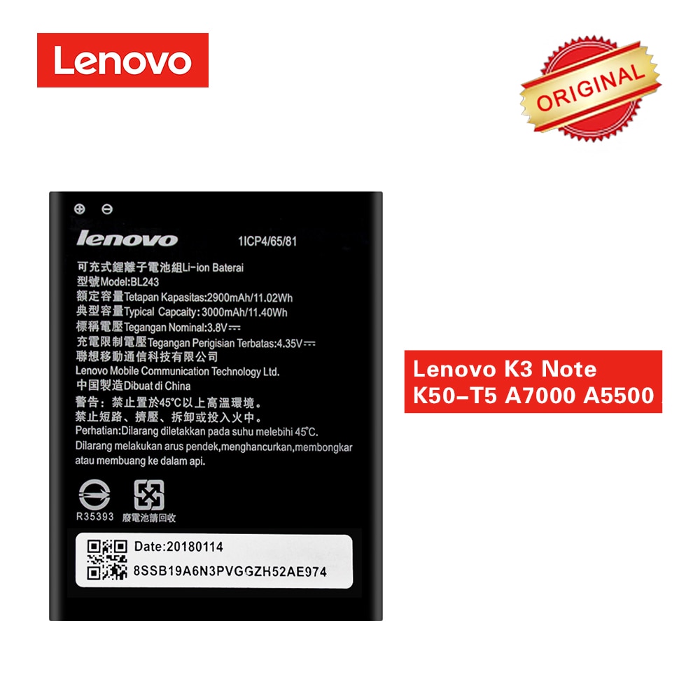 BL243 Originele Batterij voor Lenovo K3 Note K50-T5 A7000 A5500 A5600 A7600-M 3000mAh akku Vervangende Batteria