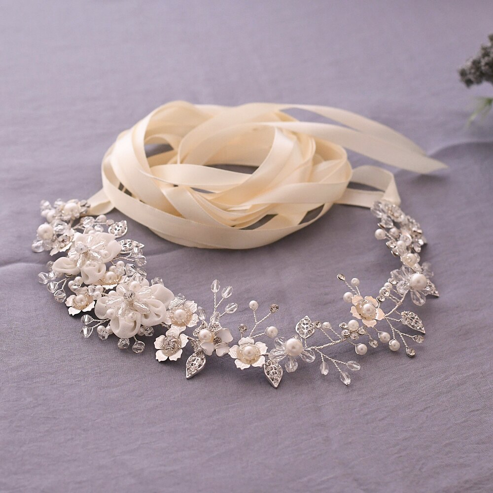 TRiXY SH275 Luxury Western Belt Silver Sash Belt for Wedding Dress Women Pearl Belts for Bridesmaid Flower Bridal Belt: ivory ribbon