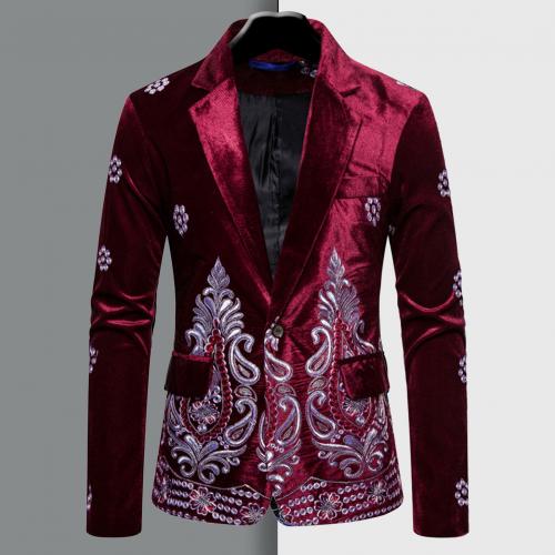 Business Suit Velvet Embroider Coat Men Cloth for Marriage: Wine Red / S
