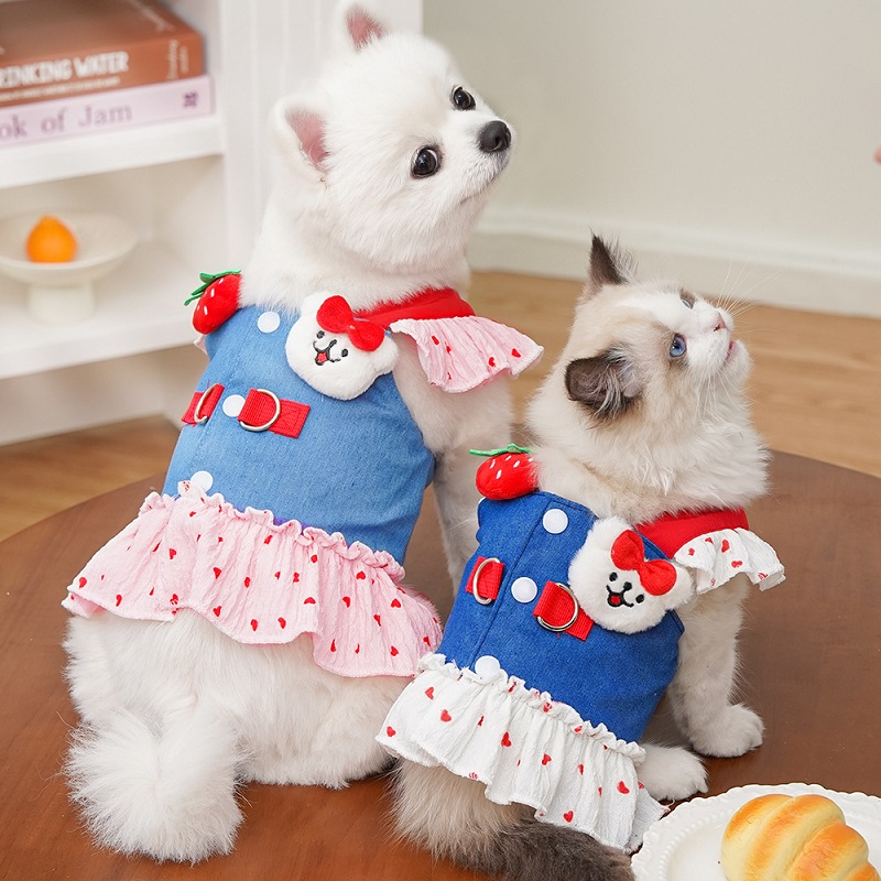 Robe harnais pour chien imprimé cœur avec laisse, jupe de princesse en Denim de luxe pour chiot, harnais pour chat mignon, corde de marche en plein air pour animaux de compagnie, vêtements pour chiens
